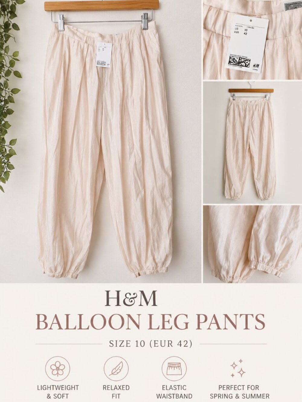 H&M NWT Blush Pink Balloon Leg Pants Size 10 Relaxed Fit